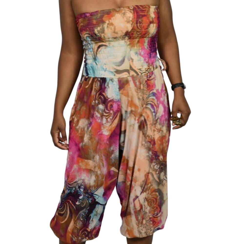 Vintage Apple Bottoms Harem Jumpsuit Pink Psychedelic Strapless Tube Y2K Small